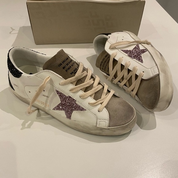 Golden Goose Superstar Sneaker White Leather/Taupe/Black/Mauve Glitter sz 37 NIB - Picture 12 of 14